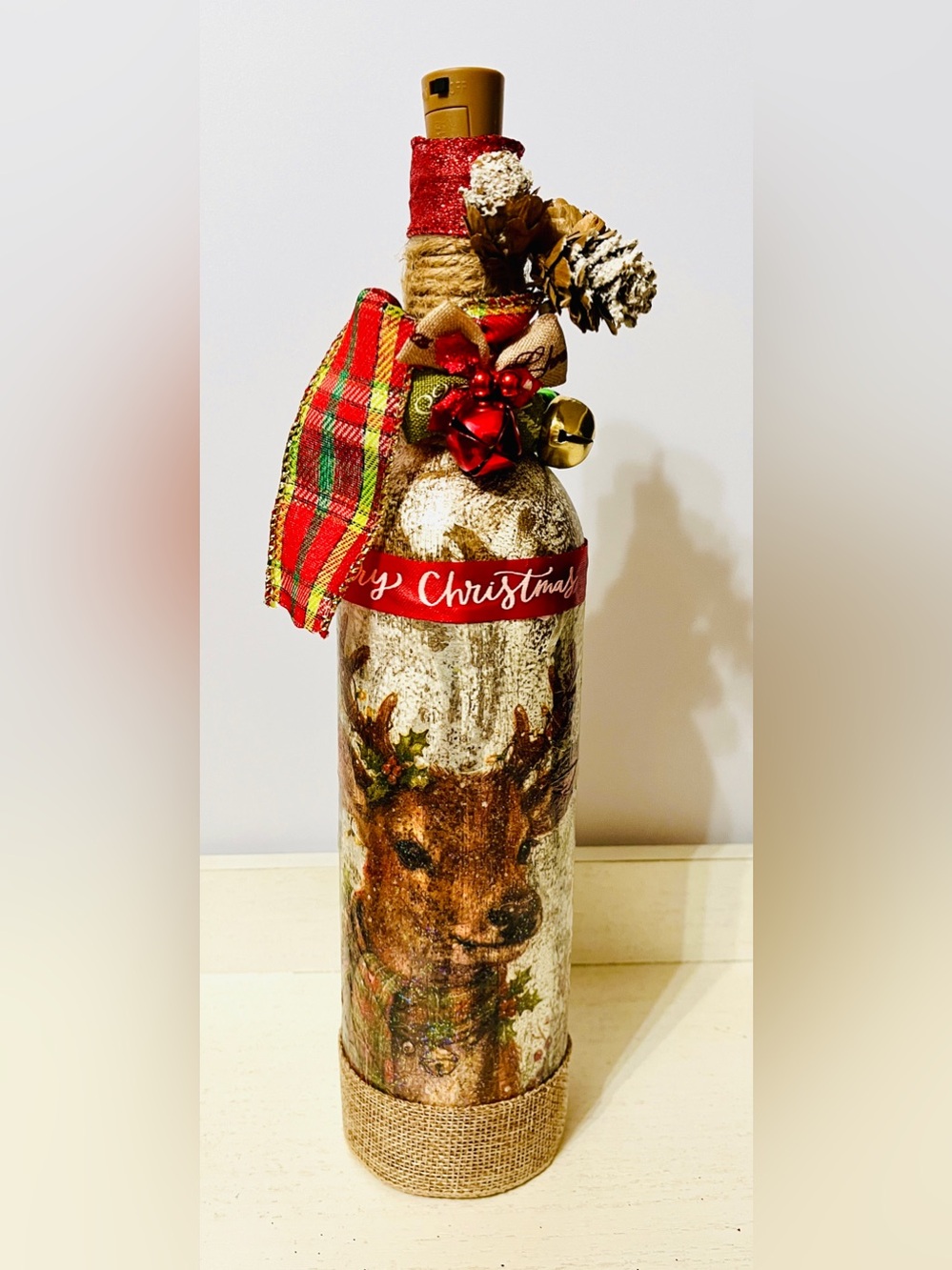 Holiday Reindeer Decorative Bottle Accent in Red and Plaid